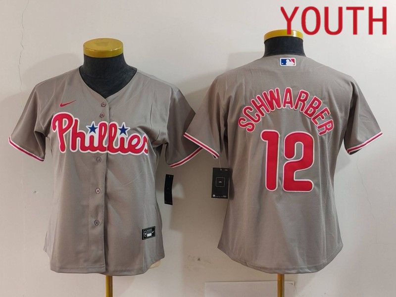 Youth Philadelphia Phillies #12 Schwarber Grey Game 2024 Nike MLB Jersey style 3->youth mlb jersey->Youth Jersey